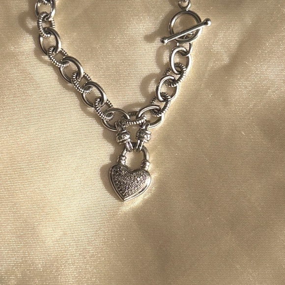 Sterling Silver 925 Diamond Heart Charm Rolo Link Toggle Bracelet Signed KRN - Picture 15 of 16
